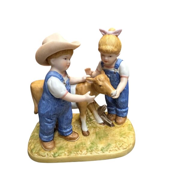 Home Interiors 1998 Denim Days Barnyard Baby Debbie  Danny Porcelain Figurine - Picture 1 of 6